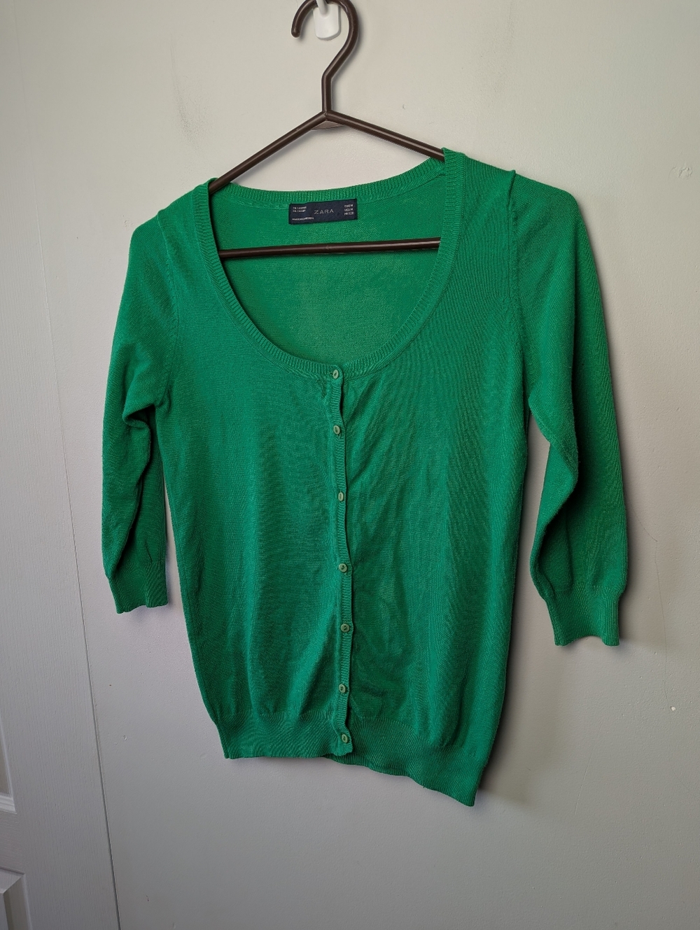 ZARA Women Green Cardigan 3/4 Sleeves Size Medium Button Closure